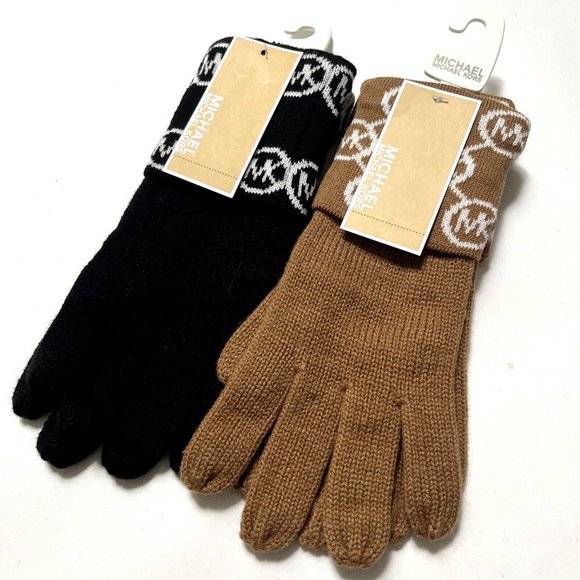 NWT Bundle 2PC MICHAEL KORS Gloves Black White Brown Signature Logo Acrylic - Picture 1 of 6